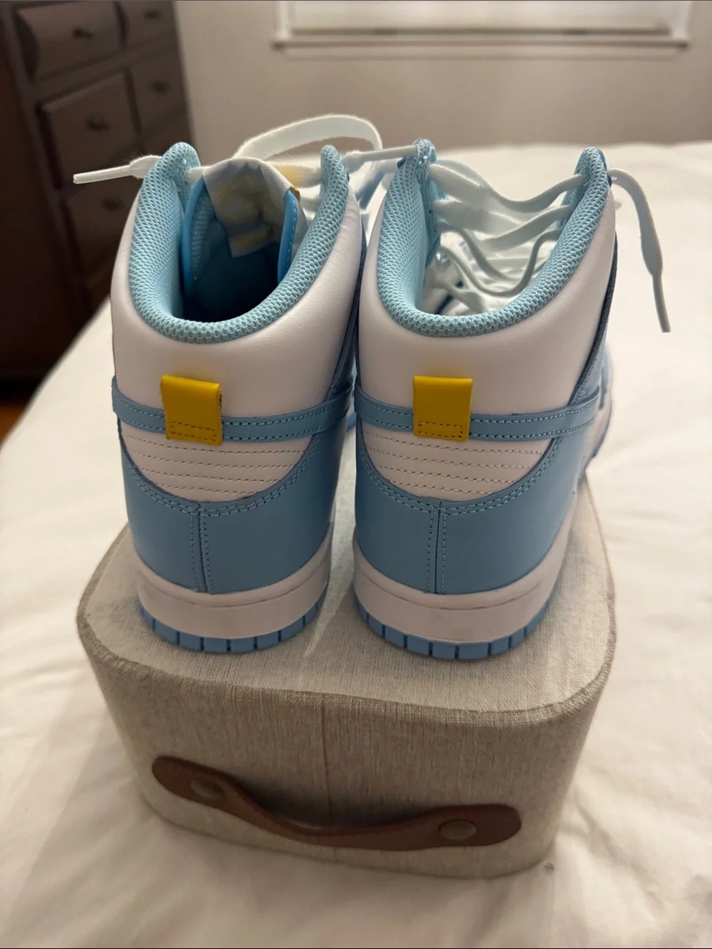 Nike mens  High-Top Sneakers in Light Blue and White with Yellow Tongue Logo